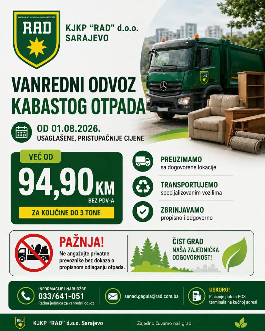KJKP „RAD“ d.o.o. Sarajevo usaglasio cijene vanrednog odvoza kabastog otpada